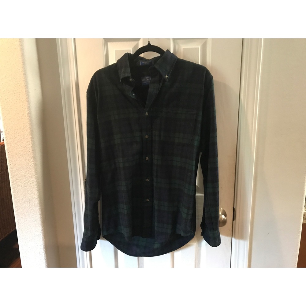 Pendleton Fireside Shirt Fitted Mens Small Black Watch Tartan Plaid Wool Green